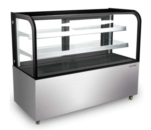 Marchia Refrigerated Bakery Display Case, 59-3/5"W, 18.0 cu. ft. capacity, bottom mounted self-contained mounted refrigeration, curved front tempered glass, sliding rear doors, (2) adjustable glass shelves, 36.6° to 47.4°F temperature range, digital temperature control, automatic defrost, LED interior lighting, stainless steel base, (4) casters (2 with brakes), R290 Hydrocarbon refrigerant, 490 watts, 110-120v/60/1-ph, 4.0 amps, cord, NEMA 5-15P, NSF, cETLus, ETL-Sanitation, UL, CSA