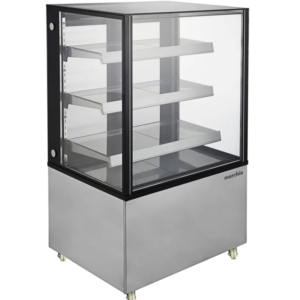 Marchia Bakery Display Case, straight glass, 36"W, 13.78 cu. ft. capacity, bottom mounted self-contained mounted refrigeration, sliding rear doors, (3) adjustable glass shelves, 36° to 43°F temperature range, digital temperature control, automatic defrost, ventilated cooling system, LED interior light, stainless steel front & sides, (4) casters (2 with brakes), R290 Hydrocarbon refrigerant,115v/60/1-ph, 7.1 amps, cord, 525 wattage, NEMA 5-15P, NSF, cETLus, ETL-Sanitation