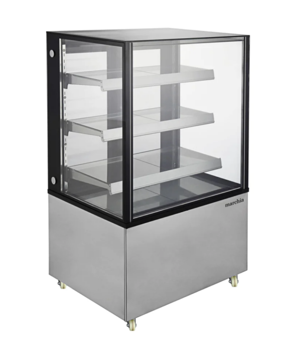 Marchia Bakery Display Case, straight glass, 36"W, 13.78 cu. ft. capacity, bottom mounted self-contained mounted refrigeration, sliding rear doors, (3) adjustable glass shelves, 36° to 43°F temperature range, digital temperature control, automatic defrost, ventilated cooling system, LED interior light, stainless steel front & sides, (4) casters (2 with brakes), R290 Hydrocarbon refrigerant,115v/60/1-ph, 7.1 amps, cord, 525 wattage, NEMA 5-15P, NSF, cETLus, ETL-Sanitation