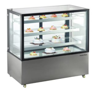 Marchia Refrigerated Bakery Display Case, 48-1/5"W, 14.8 cu. ft. capacity, bottom mounted self-contained mounted refrigeration, curved front tempered glass, sliding rear doors, (3) adjustable glass shelves, 36.6° to 47.4°F temperature range, digital temperature control, automatic defrost, LED interior lighting, stainless steel base, (4) casters (2 with brakes), R404a refrigerant, 620 watts, 110-120v/60/1-ph, 6.3 amps, cord, NEMA 5-15P, NSF, cETLus, ETL-Sanitation, UL, CSA