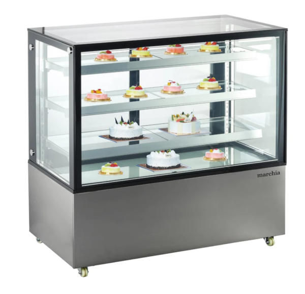 Marchia Refrigerated Bakery Display Case, 48-1/5"W, 14.8 cu. ft. capacity, bottom mounted self-contained mounted refrigeration, curved front tempered glass, sliding rear doors, (3) adjustable glass shelves, 36.6° to 47.4°F temperature range, digital temperature control, automatic defrost, LED interior lighting, stainless steel base, (4) casters (2 with brakes), R404a refrigerant, 620 watts, 110-120v/60/1-ph, 6.3 amps, cord, NEMA 5-15P, NSF, cETLus, ETL-Sanitation, UL, CSA