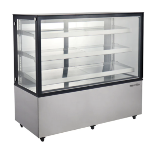 Marchia Bakery Display Case, straight glass, 60"W, 23.7 cu. ft. capacity, bottom mounted self-contained mounted refrigeration, sliding rear doors, (3) adjustable glass shelves, 36° to 43°F temperature range, digital temperature control, automatic defrost, ventilated cooling system, LED interior light, stainless steel front & sides, (4) casters (2 with brakes), R290 Hydrocarbon refrigerant,115v/60/1-ph, 7.1 amps, cord, 500 wattage, NEMA 5-15P, NSF, cETLus, ETL-Sanitation