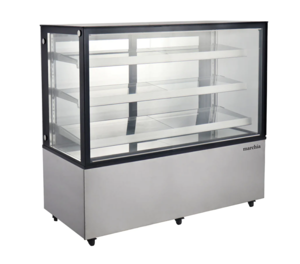 Marchia Bakery Display Case, straight glass, 60"W, 23.7 cu. ft. capacity, bottom mounted self-contained mounted refrigeration, sliding rear doors, (3) adjustable glass shelves, 36° to 43°F temperature range, digital temperature control, automatic defrost, ventilated cooling system, LED interior light, stainless steel front & sides, (4) casters (2 with brakes), R290 Hydrocarbon refrigerant,115v/60/1-ph, 7.1 amps, cord, 500 wattage, NEMA 5-15P, NSF, cETLus, ETL-Sanitation