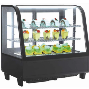 Marchia Refrigerator, countertop bakery display case, 26.9"W, 3.5 cu. ft. capacity, bottom mounted self-contained mounted refrigeration, sliding rear doors, elegant curved glass, (2) chrome plated adjustable wire shelves, 33° to 54.6°F temperature range, digital temperature control, automatic defrost, LED interior light, black painted steel front & sides, stainless steel interior, R134a refrigerant, 115v/60/1-ph, 2.6 amps, cord, NEMA 5-15P, NSF, cETLus, ETL-Sanitation