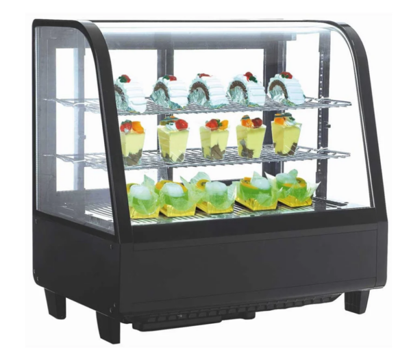 Marchia Refrigerator, countertop bakery display case, 26.9"W, 3.5 cu. ft. capacity, bottom mounted self-contained mounted refrigeration, sliding rear doors, elegant curved glass, (2) chrome plated adjustable wire shelves, 33° to 54.6°F temperature range, digital temperature control, automatic defrost, LED interior light, black painted steel front & sides, stainless steel interior, R134a refrigerant, 115v/60/1-ph, 2.6 amps, cord, NEMA 5-15P, NSF, cETLus, ETL-Sanitation