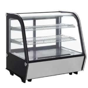 Marchia Refrigerated Display Case, countertop, 28"W, 4.25 cu. ft. capacity, bottom mounted self-contained mounted refrigeration, curved front glass, sliding rear doors, (2) adjustable chrome-plated shelves, 33° to 54.6°F temperature range, digital temperature control, automatic defrost, ventilated cooling system, LED interior lighting, black exterior, R134a refrigerant, 230 watts, 110v/60/1-ph, cord, NEMA 5-15P, cETLus, ETL-Sanitation