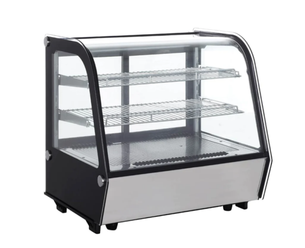 Marchia Refrigerated Display Case, countertop, 28"W, 4.25 cu. ft. capacity, bottom mounted self-contained mounted refrigeration, curved front glass, sliding rear doors, (2) adjustable chrome-plated shelves, 33° to 54.6°F temperature range, digital temperature control, automatic defrost, ventilated cooling system, LED interior lighting, black exterior, R134a refrigerant, 230 watts, 110v/60/1-ph, cord, NEMA 5-15P, cETLus, ETL-Sanitation