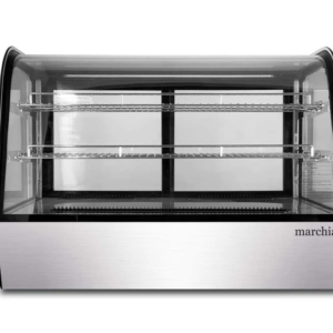 Marchia Refrigerated Display Case, countertop, 34-3/4"W, 5.7 cu. ft. capacity, bottom mounted self-contained mounted refrigeration, curved front glass, sliding rear doors, (2) adjustable chrome-plated shelves, 33° to 54.6°F temperature range, digital temperature control, automatic defrost, ventilated cooling system, LED interior lighting, black exterior, R134a refrigerant, 230 watts, 110v/60/1-ph, 3.0 amps, cord, NEMA 5-15P, cETLus, ETL-Sanitation