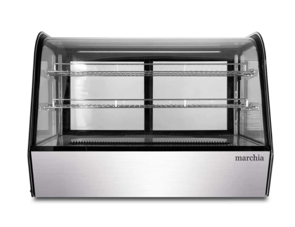 Marchia Refrigerated Display Case, countertop, 34-3/4"W, 5.7 cu. ft. capacity, bottom mounted self-contained mounted refrigeration, curved front glass, sliding rear doors, (2) adjustable chrome-plated shelves, 33° to 54.6°F temperature range, digital temperature control, automatic defrost, ventilated cooling system, LED interior lighting, black exterior, R134a refrigerant, 230 watts, 110v/60/1-ph, 3.0 amps, cord, NEMA 5-15P, cETLus, ETL-Sanitation