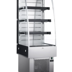 Marchia Grab-N-Go Open Merchandiser, 24-1/2"W, 9.0 cu. ft. capacity, bottom mounted self-contained mounted refrigeration, double tempered glass sides, (3) PVC coated adjustable wire shelves, 37° to 54°F temperature range, night curtain, digital temperature control, automatic defrost, LED interior lighting, stainless steel exterior, (4) casters (2 with brakes), R290 Hydrocarbon refrigerant, 1.3kW, 110-120v/60/1-ph, 12.0 amps, cord, NEMA 5-15P, cETLus, UL, CSA