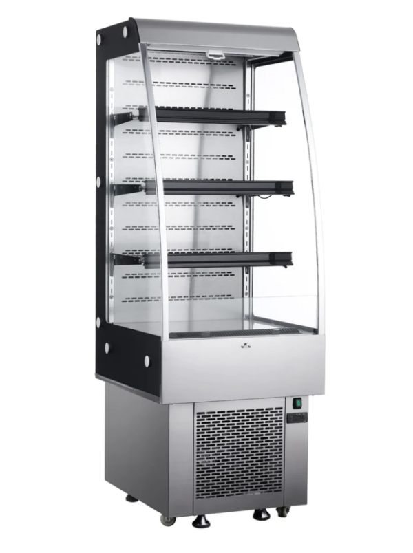 Marchia Grab-N-Go Open Merchandiser, 24-1/2"W, 9.0 cu. ft. capacity, bottom mounted self-contained mounted refrigeration, double tempered glass sides, (3) PVC coated adjustable wire shelves, 37° to 54°F temperature range, night curtain, digital temperature control, automatic defrost, LED interior lighting, stainless steel exterior, (4) casters (2 with brakes), R290 Hydrocarbon refrigerant, 1.3kW, 110-120v/60/1-ph, 12.0 amps, cord, NEMA 5-15P, cETLus, UL, CSA