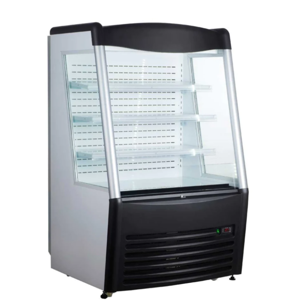 Marchia Grab-N-Go Open Merchandiser, 36-1/5"W, 11.3 cu. ft. capacity, bottom mounted self-contained mounted refrigeration, double tempered glass sides, (3) PVC coated adjustable shelves, 37° to 54°F temperature range, night curtain, digital temperature control, automatic defrost, LED interior lighting, PVC & stainless steel exterior, (4) casters (2 with brakes), R404a refrigerant, 1.4kW, 110-120v/60/1-ph, 11.6 amps, cord, NEMA 5-15P, NSF, cETLus, ETL-Sanitation, UL, CSA