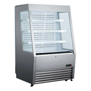 Marchia Grab-N-Go Open Merchandiser, 36-1/5"W, 11.3 cu. ft. capacity, bottom mounted self-contained mounted refrigeration, double tempered glass sides, (3) PVC coated adjustable shelves, 35.6° to 54°F temperature range, night curtain, digital temperature control, automatic defrost, LED interior lighting, stainless steel exterior, (4) casters (2 with brakes), R404a refrigerant, 1.26kW, 110-120v/60/1-ph, 11.6 amps, cord, NEMA 5-15P, NSF, cETLus, ETL-Sanitation, UL, CSA