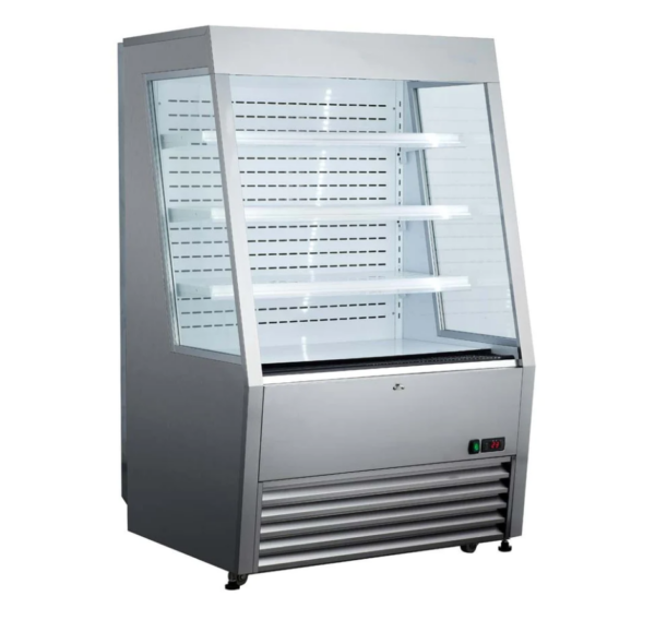 Marchia Grab-N-Go Open Merchandiser, 36-1/5"W, 11.3 cu. ft. capacity, bottom mounted self-contained mounted refrigeration, double tempered glass sides, (3) PVC coated adjustable shelves, 35.6° to 54°F temperature range, night curtain, digital temperature control, automatic defrost, LED interior lighting, stainless steel exterior, (4) casters (2 with brakes), R404a refrigerant, 1.26kW, 110-120v/60/1-ph, 11.6 amps, cord, NEMA 5-15P, NSF, cETLus, ETL-Sanitation, UL, CSA