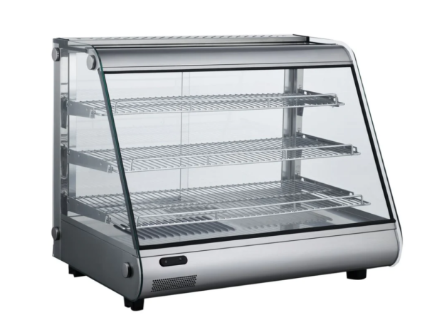 Marchia Heated Stainless Steel Countertop Display Case, 33.7"W, 5.7 cu. ft. capacity, sliding rear doors, front slanted glass, (3) chrome plated adjustable wire shelves, 86° to 194°F temperature range, digital temperature control, LED interior light, stainless steel interior & exterior, 115v/60/1-ph, 13.1 amps, cord, 1530 wattage, NEMA 5-15P