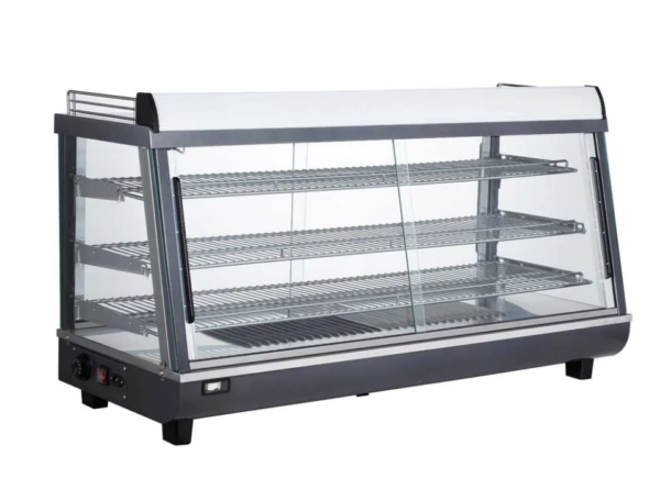 Marchia Heated Stainless Steel Countertop Display Case, 47.8"W, 6.6 cu. ft. capacity, sliding rear&front doors, (3) chrome plated adjustable wire shelves, 86° to 194°F temperature range, digital temperature control, LED interior light, stainless steel interior & exterior, 115v/60/1-ph, cord, 1800 wattage, NEMA 5-15P