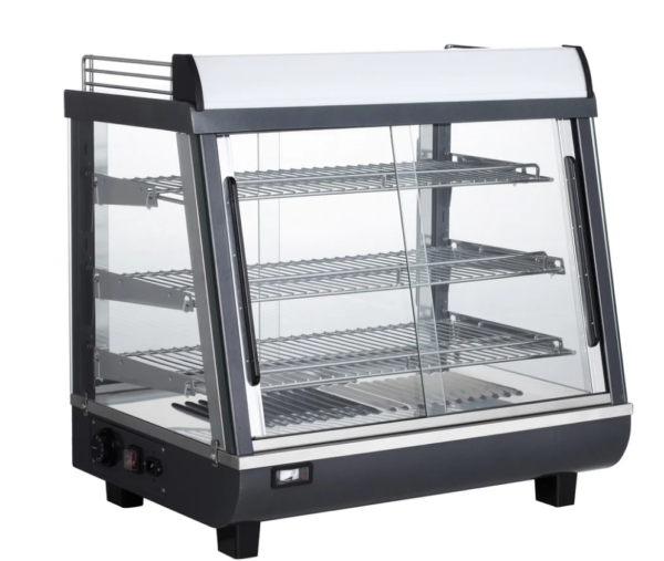 Marchia Heated Stainless Steel Countertop Display Case, 26.5"W, 3.4 cu. ft. capacity, sliding rear&front doors, (3) chrome plated adjustable wire shelves, 86° to 194°F temperature range, digital temperature control, LED interior light, stainless steel interior & exterior, 115v/60/1-ph, cord, 1000 wattage, NEMA 5-15P