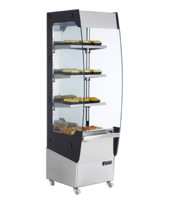 Marchia Open Heated Display Warming Case, grab and go, 19.4" W, 7.8 cu. ft. capacity, night curtain included, (3) adjustable chrome plated shelf, 86° to 194°F temperature range, digital temperature control, stainless steel exterior, LED light each layer, (4) casters (2 with brakes), 220v/60/1-ph, 1650 aattage, cord, NEMA 6-20P