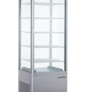 Marchia Refrigerated Display Case, freestanding, 25-3/5"W, 17.7 cu. ft. capacity, bottom mounted self-contained mounted refrigeration, (4) double glass sides, (1) glass hinged door, (5) PVC coated adjustable wire shelves, 33° to 54.6°F temperature range, digital temperature control, automatic defrost, LED interior lighting, silver exterior, R404a refrigerant, (4) casters (2 with brakes), 680 watts, 110v/60/1-ph, cord, NEMA 5-15P, CE