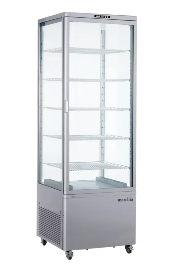 Marchia Refrigerated Display Case, freestanding, 25-3/5"W, 17.7 cu. ft. capacity, bottom mounted self-contained mounted refrigeration, (4) double glass sides, (1) glass hinged door, (5) PVC coated adjustable wire shelves, 33° to 54.6°F temperature range, digital temperature control, automatic defrost, LED interior lighting, silver exterior, R404a refrigerant, (4) casters (2 with brakes), 680 watts, 110v/60/1-ph, cord, NEMA 5-15P, CE