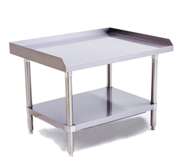 Prepline Equipment Stand, 36" length, 30" depth, stainless steel structure, 18GA.430S/S top, galvanized undershelf, plastic bullet feet, top reinforced with hat channel frame, knock-down design, 3 side backsplash, carton box packing, NSF certified