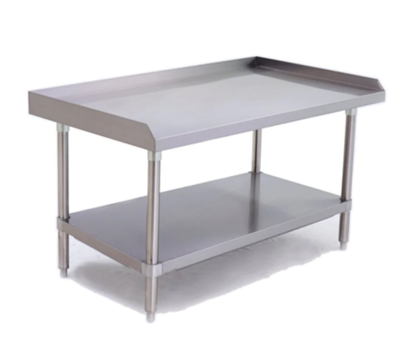 Prepline Equipment Stand, 48" length, 30" depth, stainless steel structure, 18GA.430S/S top, galvanized undershelf, plastic bullet feet, top reinforced with hat channel frame, knock-down design, 3 side backsplash, carton box packing, NSF certified