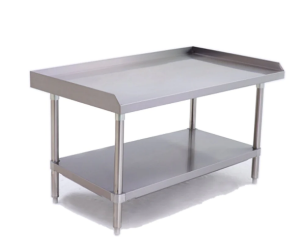 Prepline Equipment Stand, 60" length, 30" depth, stainless steel structure, 18GA.430S/S top, galvanized undershelf, plastic bullet feet, top reinforced with hat channel frame, knock-down design, 3 side backsplash, carton box packing, NSF certified