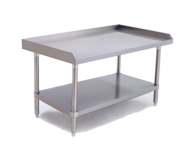 Prepline Equipment Stand, 72" length, 30" depth, stainless steel structure, 18GA.430S/S top, galvanized undershelf, plastic bullet feet, top reinforced with hat channel frame, knock-down design, 3 side backsplash, carton box packing, NSF certified