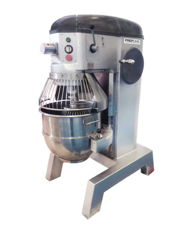 Prepline Planetary Mixer, floor model, 60 qt. capacity, 3-speed, gear driven, #12 attachment hub, timer, safety guard, emergency stop button, includes: (1) stainless steel bowl, (1) dough hook, (1) wire whisk & (1) flat beater, steel construction, rubber feet, 4 HP, 2.2KW, 240v/60/3-ph, cord, hardwired, cETLus, ETL-Sanitation