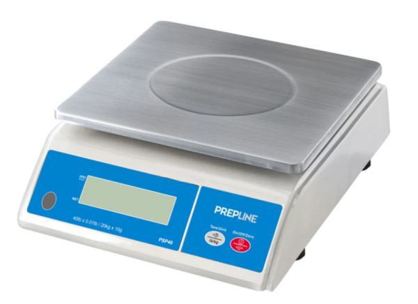 Prepline Digital Portion Control Scale, 40 lb.capacity, 4xAA batteries/ 9V AC adapter power, Up to 100%FS tare range, one-step successive tare feature, adjustable feet, removable stainless steel platter, LCD with backlit display, 0.02oz/0.01kg increments, ABS body material, NSF