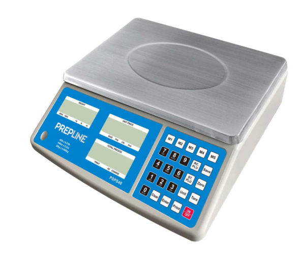 Prepline Digital Price Computing Scale, 40 lb.capacity, built-in batteries/12V AC adapter power, one-step successive tare feature, 265 PLUs, includes 5 hot keys, PLU memorizes name, ingredients, unit price.., removable stainless steel platter, LCD with backlit display, standard RS232 & USB port, ABS body material, NSF, NTEP