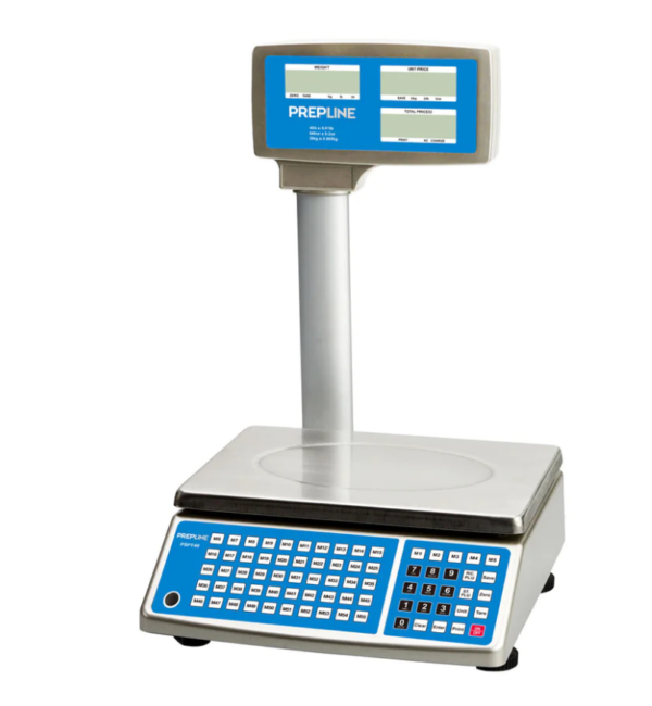 Prepline Digital Price Computing Scale with Tower, 40 lb.capacity, built-in rechargeable batteries/12V AC adapter power, one-step successive tare feature, 265 PLUs, includes 5 hot keys, PLU memorizes name, ingredients, unit price.., removable stainless steel platter, LCD with backlit display, standard RS232 & USB port, ABS body material, NSF, NTEP