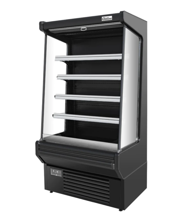 Coldline Air Curtain Merchandiser, 51" W, 18.1 cu. ft. capacity, bottom mounted self-contained mounted refrigeration, night curtain included, (4) adjustable shelf, 33.8° to 42.8°F temperature range, digital temperature control, automatic defrost, black painted steel exterior, painted steel interior, LED light each layer+top, (4) casters (2 with brakes), R290 Hydrocarbon refrigerant, 5/6 HP, 115v/60/1-ph, 10.8 amps, cord, NEMA 5-30P, NSF, cETLus, ETL-Sanitation