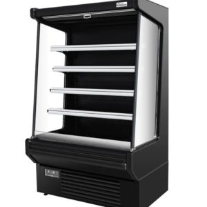 Coldline Air Curtain Merchandiser, 61.4" W, 21.7 cu. ft. capacity, bottom mounted self-contained mounted refrigeration, night curtain included, price lable setting, (4) adjustable shelf, 33.8° to 42.8°F temperature range, digital temperature control, automatic defrost, black painted steel exterior, painted steel interior, finned evaporator, LED light each layer+top, (4) casters (2 with brakes), R290 Hydrocarbon refrigerant, (2)5/6 HP, 115v/60/1-ph, 14.4 amps, cord, NEMA 5-30P, cETLus, ETL-Sanitation