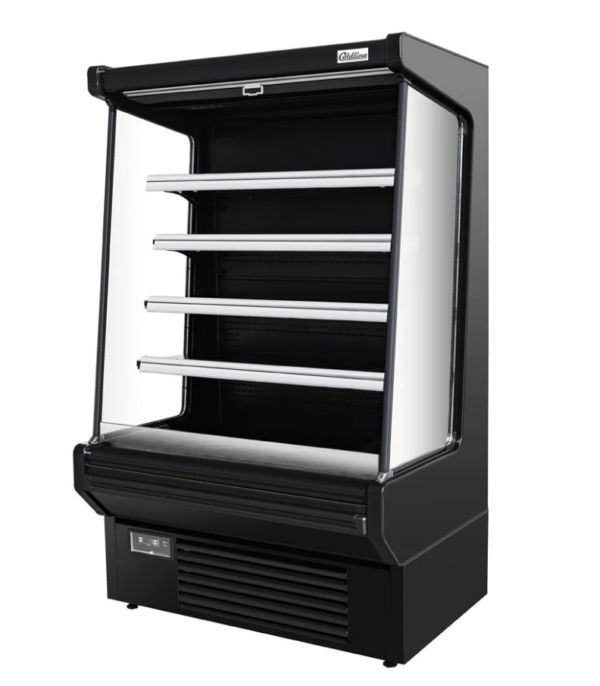 Coldline Air Curtain Merchandiser, 61.4" W, 21.7 cu. ft. capacity, bottom mounted self-contained mounted refrigeration, night curtain included, price lable setting, (4) adjustable shelf, 33.8° to 42.8°F temperature range, digital temperature control, automatic defrost, black painted steel exterior, painted steel interior, finned evaporator, LED light each layer+top, (4) casters (2 with brakes), R290 Hydrocarbon refrigerant, (2)5/6 HP, 115v/60/1-ph, 14.4 amps, cord, NEMA 5-30P, cETLus, ETL-Sanitation