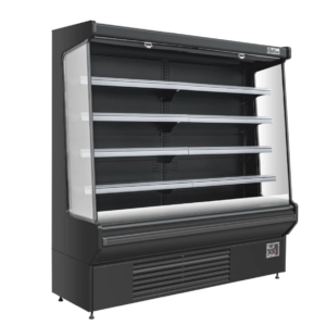 Coldline Air Curtain Merchandiser, 76.2" W, 27.1 cu. ft. capacity, bottom mounted self-contained mounted refrigeration, night curtain included, price lable setting, (8) adjustable shelf, 33.8° to 42.8°F temperature range, digital temperature control, automatic defrost, black painted steel exterior, painted steel interior, finned evaporator, LED light each layer+top, (4) casters (2 with brakes), R290 Hydrocarbon refrigerant, (2)5/6 HP, 115v/60/1-ph, 12.2 amps, cord, NEMA 5-30P, cETLus, ETL-Sanitation