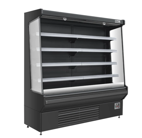 Coldline Air Curtain Merchandiser, 76.2" W, 27.1 cu. ft. capacity, bottom mounted self-contained mounted refrigeration, night curtain included, price lable setting, (8) adjustable shelf, 33.8° to 42.8°F temperature range, digital temperature control, automatic defrost, black painted steel exterior, painted steel interior, finned evaporator, LED light each layer+top, (4) casters (2 with brakes), R290 Hydrocarbon refrigerant, (2)5/6 HP, 115v/60/1-ph, 12.2 amps, cord, NEMA 5-30P, cETLus, ETL-Sanitation