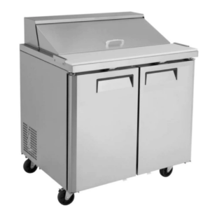 Coldline Standard Top Sandwich/Salad Refrigerator, two-section, 36-5/16" W, 9.0 cu. ft. capacity, rear mounted self-contained mounted refrigeration, (10) 1/6 pan capacity, (2) self-closing solid hinged doors with 90° stay open feature, (2) PVC coated adjustable wire shelves, 10"D cutting board, 33° to 41°F temperature range, digital temperature control, automatic defrost, stainless steel exterior, stainless steel interior, (4) casters (2 with brakes), R290 Hydrocarbon refrigerant, 1/5 HP, 115v/60/1-ph, 3.24 amps, cord, NEMA 5-15P, NSF, cETLus, ETL-Sanitation