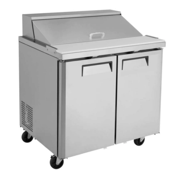 Coldline Standard Top Sandwich/Salad Refrigerator, two-section, 36-5/16" W, 9.0 cu. ft. capacity, rear mounted self-contained mounted refrigeration, (10) 1/6 pan capacity, (2) self-closing solid hinged doors with 90° stay open feature, (2) PVC coated adjustable wire shelves, 10"D cutting board, 33° to 41°F temperature range, digital temperature control, automatic defrost, stainless steel exterior, stainless steel interior, (4) casters (2 with brakes), R290 Hydrocarbon refrigerant, 1/5 HP, 115v/60/1-ph, 3.24 amps, cord, NEMA 5-15P, NSF, cETLus, ETL-Sanitation