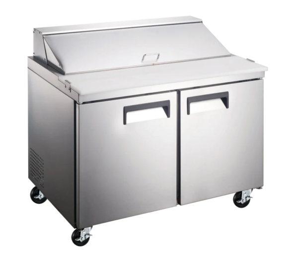 Coldline Standard Top Sandwich/Salad Refrigerator, two-section, 46-4/5" W, 9.5 cu. ft. capacity, rear mounted self-contained mounted refrigeration, (12) 1/6 pan capacity, (2) self-closing solid hinged doors with 90° stay open feature, (2) PVC coated adjustable wire shelves, 10"D cutting board, 33° to 41°F temperature range, digital temperature control, automatic defrost, stainless steel exterior, stainless steel interior, (4) casters (2 with brakes), R290 Hydrocarbon refrigerant, 1/4 HP, 115v/60/1-ph, 4.56 amps, cord, NEMA 5-15P, NSF, cETLus, ETL-Sanitation