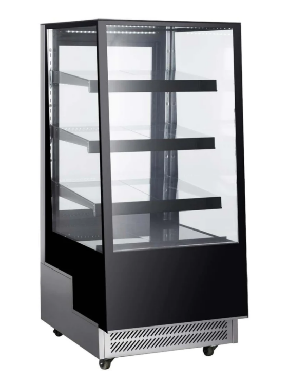 Marchia Refrigerated Bakery Display Case, 25-3/5"W, 12.4 cu. ft. capacity, bottom mounted self-contained mounted refrigeration, slanted front tempered glass, sliding rear doors, (3) adjustable glass shelves, 36.6° to 47.4°F temperature range, digital temperature control, automatic defrost, LED interior lighting, stainless steel base, (4) casters (2 with brakes), R290 Hydrocarbon refrigerant, 480 watts, 110-120v/60/1-ph, 3.3 amps, cord, NEMA 5-15P, NSF, cETLus, ETL-Sanitation, UL, CSA