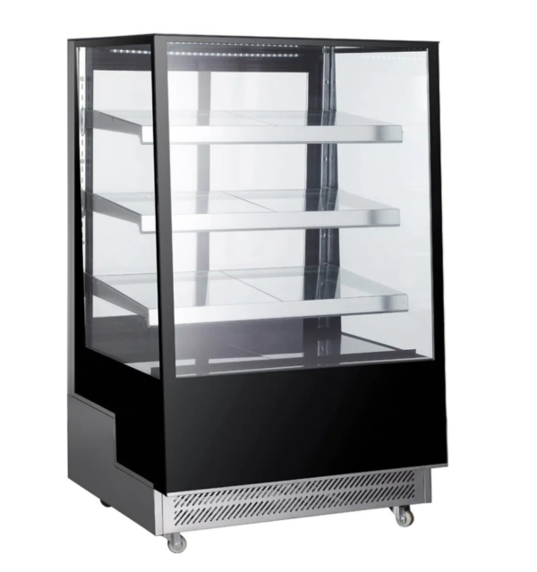 Marchia Refrigerated Bakery Display Case, 35-2/5"W, 17.7 cu. ft. capacity, bottom mounted self-contained mounted refrigeration, slanted front tempered glass, sliding rear doors, (3) adjustable glass shelves, 36.6° to 47.4°F temperature range, digital temperature control, automatic defrost, LED interior lighting, stainless steel base, (4) casters (2 with brakes), R290 Hydrocarbon refrigerant, 490 watts, 110-120v/60/1-ph, 3.7 amps, cord, NEMA 5-15P, NSF, cETLus, ETL-Sanitation, UL, CSA