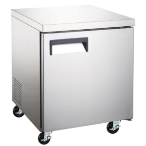 Coldline Undercounter Refrigerator, one-section, 27"W, 6.3 cu. ft. capacity, rear mounted self-contained refrigeration, stainless steel worktop, (1) self-closing solid hinged locking door with 90° stay open feature, (1) PVC coated adjustable wire shelf, 33° to 41°F temperature range, digital temperature control, automatic defrost, LED interior light, stainless steel exterior, stainless steel interior, (4) casters (2 with brakes), R290 Hydrocarbon refrigerant, 1/6 HP, 115v/60/1-ph, 1.9 amps, cord, NEMA 5-15P, NSF, cETLus, ETL-Sanitation