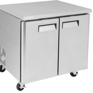 Coldline Undercounter Refrigerator, two-section, 35"W, 8.5 cu. ft. capacity, rear mounted self-contained refrigeration, stainless steel worktop, (2) self-closing solid hinged locking doors with 90° stay open feature, (2) PVC coated adjustable wire shelves, 33° to 41°F temperature range, digital temperature control, automatic defrost, LED interior light, stainless steel exterior, stainless steel interior, (4) casters (2 with brakes), R290 Hydrocarbon refrigerant, 1/6 HP, 115v/60/1-ph, 2.3 amps, cord, NEMA 5-15P, NSF, cETLus, ETL-Sanitation