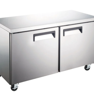 Coldline Undercounter Refrigerator, two-section, 60-1/5"W, 15.0 cu. ft. capacity, rear mounted self-contained refrigeration, stainless steel worktop, (2) self-closing solid hinged locking doors with 90° stay open feature, (2) PVC coated adjustable wire shelves, 33° to 41°F temperature range, digital temperature control, automatic defrost, LED interior light, stainless steel exterior, stainless steel interior, (4) casters (2 with brakes), R290 Hydrocarbon refrigerant, 1/5 HP, 115v/60/1-ph, 2.9 amps, cord, NEMA 5-15P, NSF, cETLus, ETL-Sanitation