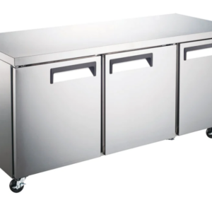 Coldline Undercounter Refrigerator, three-section, 72"W, 15.5 cu. ft. capacity, rear mounted self-contained refrigeration, stainless steel worktop, (3) self-closing solid hinged locking doors with 90° stay open feature, (3) PVC coated adjustable wire shelves, 33° to 41°F temperature range, digital temperature control, automatic defrost, LED interior light, stainless steel exterior, stainless steel interior, (4) casters (2 with brakes), R290 Hydrocarbon refrigerant, 1/5 HP, 115v/60/1-ph, 3.2 amps, cord, NEMA 5-15P, NSF, cETLus, ETL-Sanitation