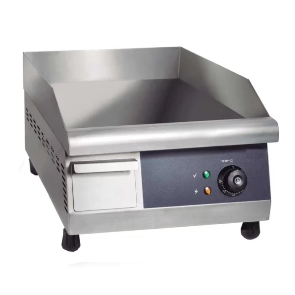 Prepline Electric Countertop Griddle, 16" W, thermostatic control, thick polished steel plates, removable drip tray, 3-1/4" front grease trough & chute, 3" side & rear splash guards, 150-572° F temperatrure range, 4" nickel plated steel legs, stainless steel front panel, power ON/OFF indicator light, 220-240v/60hz/1ph, 1.75kwh, NEMA 6-20P, CE