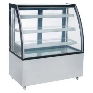 Marchia Refrigerated Bakery Display Case, 48-1/5"W, 14.8 cu. ft. capacity, bottom mounted self-contained mounted refrigeration, curved front tempered glass, sliding rear doors, (3) adjustable glass shelves, 36.6° to 47.4°F temperature range, digital temperature control, automatic defrost, LED interior lighting, stainless steel base, (4) casters (2 with brakes), R404a refrigerant, 620 watts, 110-120v/60/1-ph, 6.3 amps, cord, NEMA 5-15P, NSF, cETLus, ETL-Sanitation, UL, CSA