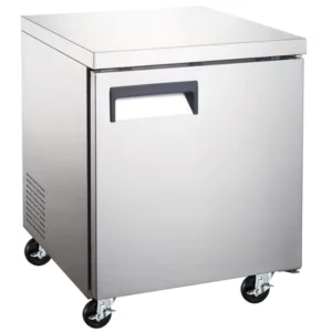 Coldline Undercounter Freezer, one-section, 27"W, 6.3 cu. ft. capacity, rear mounted self-contained refrigeration, stainless steel worktop, (1) self-closing solid hinged locking doors with 90° stay open feature, (1) PVC coated adjustable wire shelves, -8° to 0°F temperature range, digital temperature control, automatic defrost, stainless steel exterior, stainless steel interior, (4) casters (2 with brakes), R290 Hydrocarbon refrigerant, 1/5 HP, 115v/60/1-ph, 2.1 amps, cord, NEMA 5-15P, NSF, cETLus, ETL-Sanitation